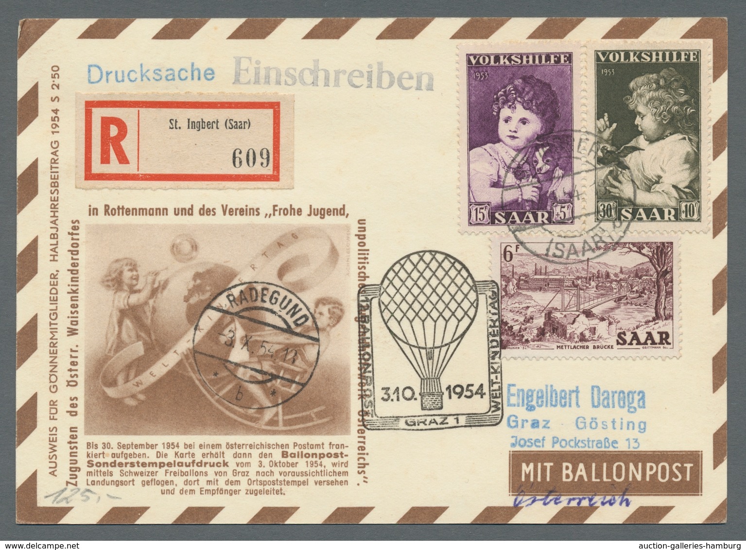 Saarland (1947/56): 1952-54, Vier Ballonpostbelege Alle Ins Ausland Inkl. Zuleitungen, Dabei Seltene - Sonstige & Ohne Zuordnung