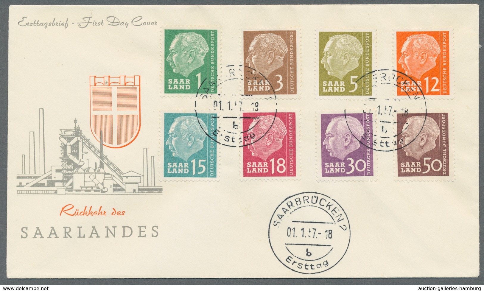 Saarland (1957/59) - OPD Saarbrücken: 1957, "Heuss I Und II", Komplett Auf Insgesamt Neun Blanko-FDC - Sonstige & Ohne Zuordnung