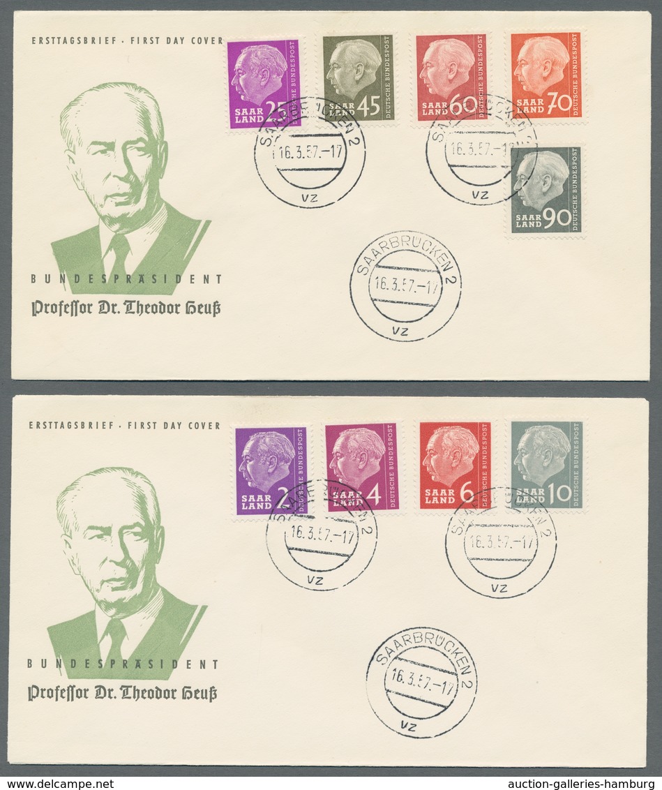 Saarland (1957/59) - OPD Saarbrücken: 1957, "Heuss I Und II", Komplett Auf Insgesamt Neun Blanko-FDC - Sonstige & Ohne Zuordnung