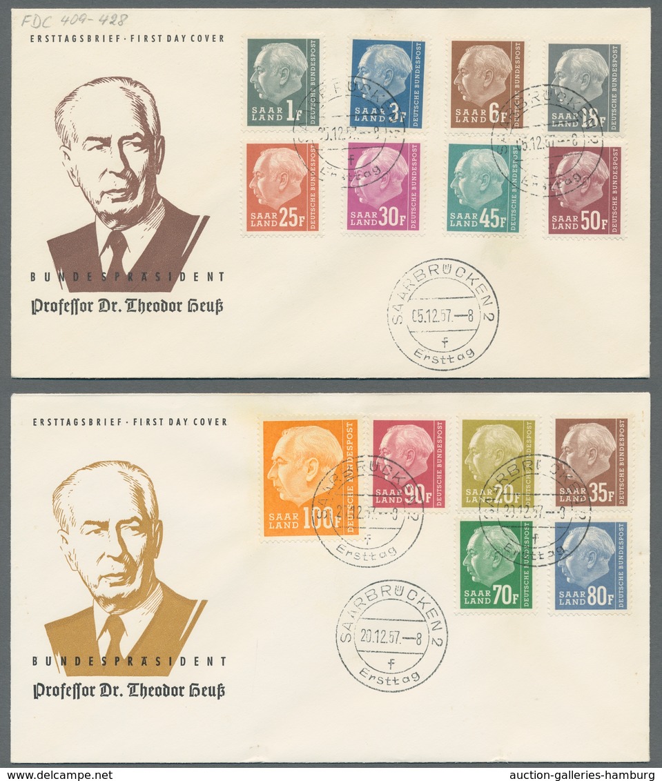 Saarland (1957/59) - OPD Saarbrücken: 1957, "Heuss I Und II", Komplett Auf Insgesamt Neun Blanko-FDC - Sonstige & Ohne Zuordnung