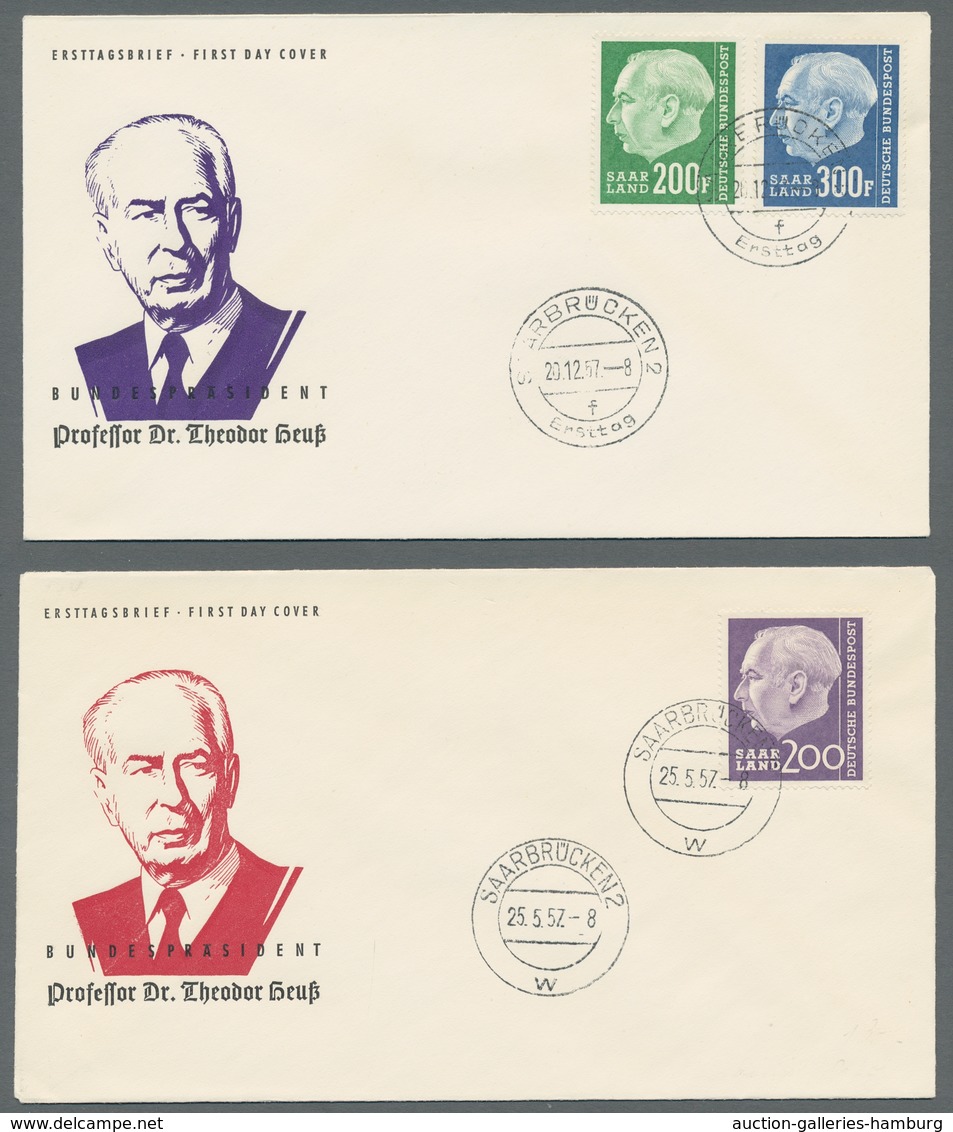 Saarland (1957/59) - OPD Saarbrücken: 1957, "Heuss I Und II", Komplett Auf Insgesamt Neun Blanko-FDC - Otros & Sin Clasificación