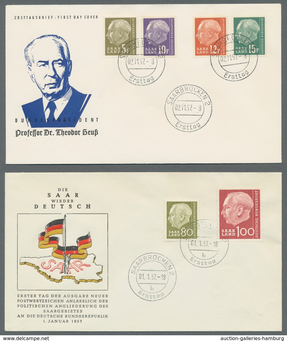 Saarland (1957/59) - OPD Saarbrücken: 1957, "Heuss I Und II", Komplett Auf Insgesamt Neun Blanko-FDC - Sonstige & Ohne Zuordnung