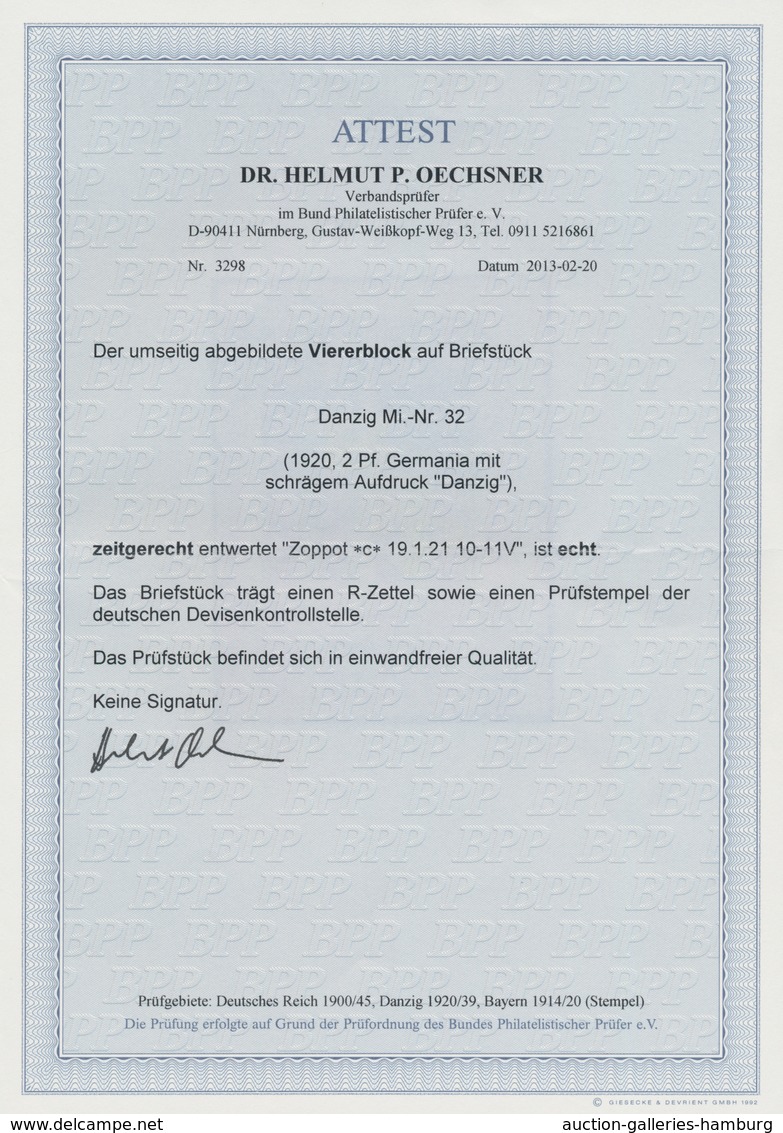 Danzig: 1921. Kleiner Innendienst 2 Pf Im SR-4er-Block Auf Briefstück Mit R-Zettel "Zoppot 232" Und - Sonstige & Ohne Zuordnung