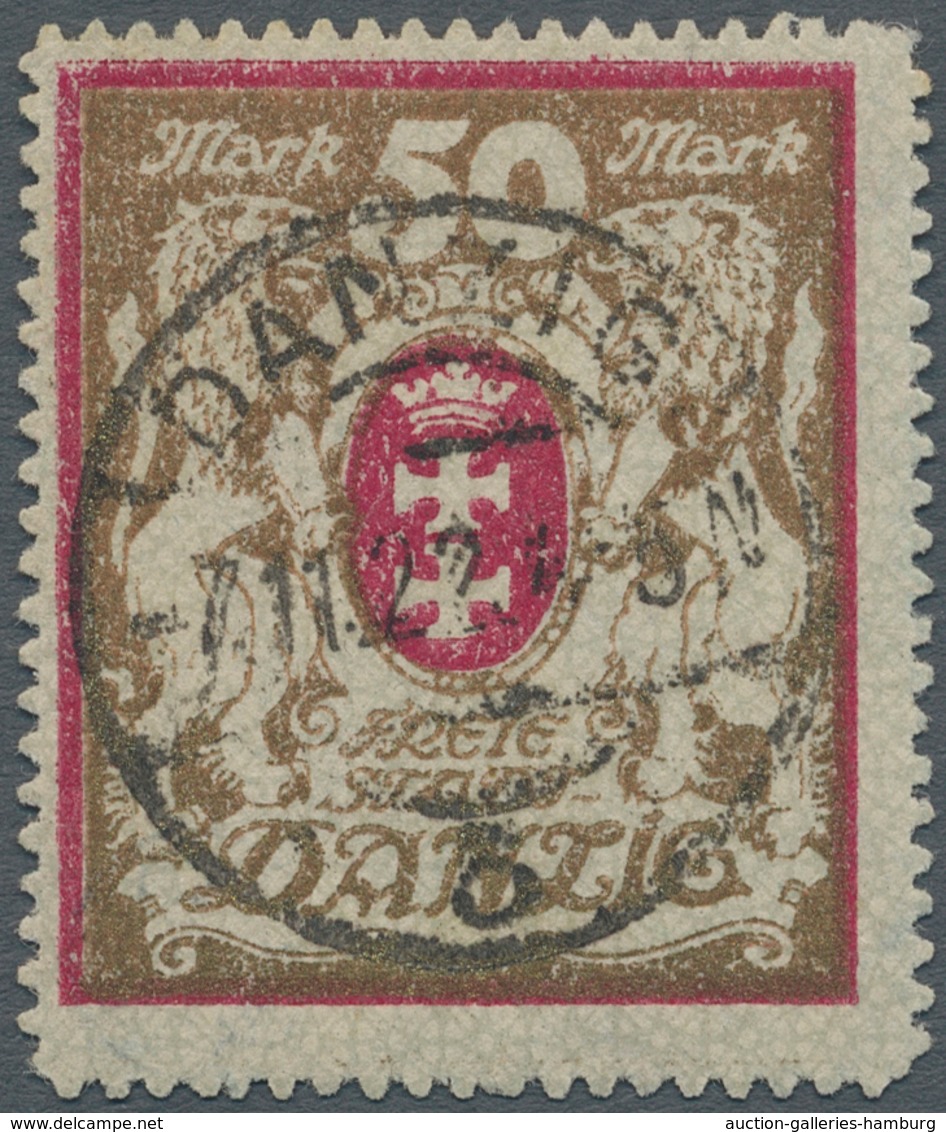 Danzig: 1922, 50 Mark Lilarot/gold Mit Zentrischem Stempel, Gepr. Infla. Mi. 300,- €. - Andere & Zonder Classificatie