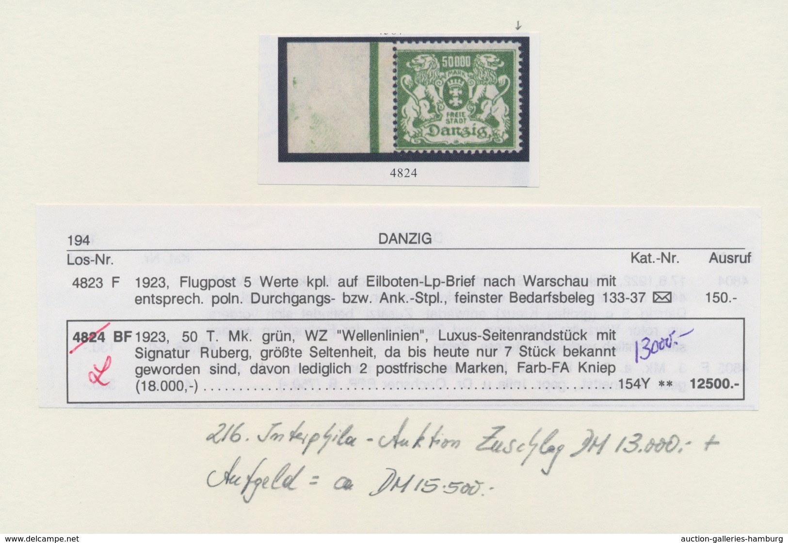 Danzig: 1923. Großes Staatswappen 50.000 Mark Mit Wz. "ineinander Verschlugene Wellenlinien" Als Ung - Sonstige & Ohne Zuordnung