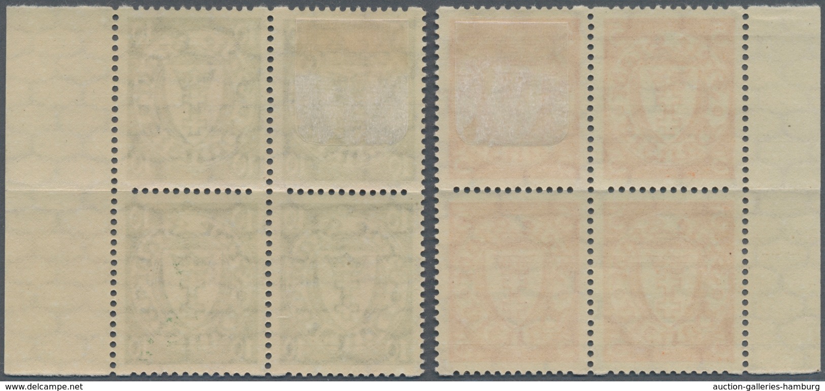 Danzig: 1932, 5 Und 10 Pfg. Wappen Mit Rollenzähnung Je Im Viererblock Vom Seitenrand. Eine Marke Ob - Autres & Non Classés
