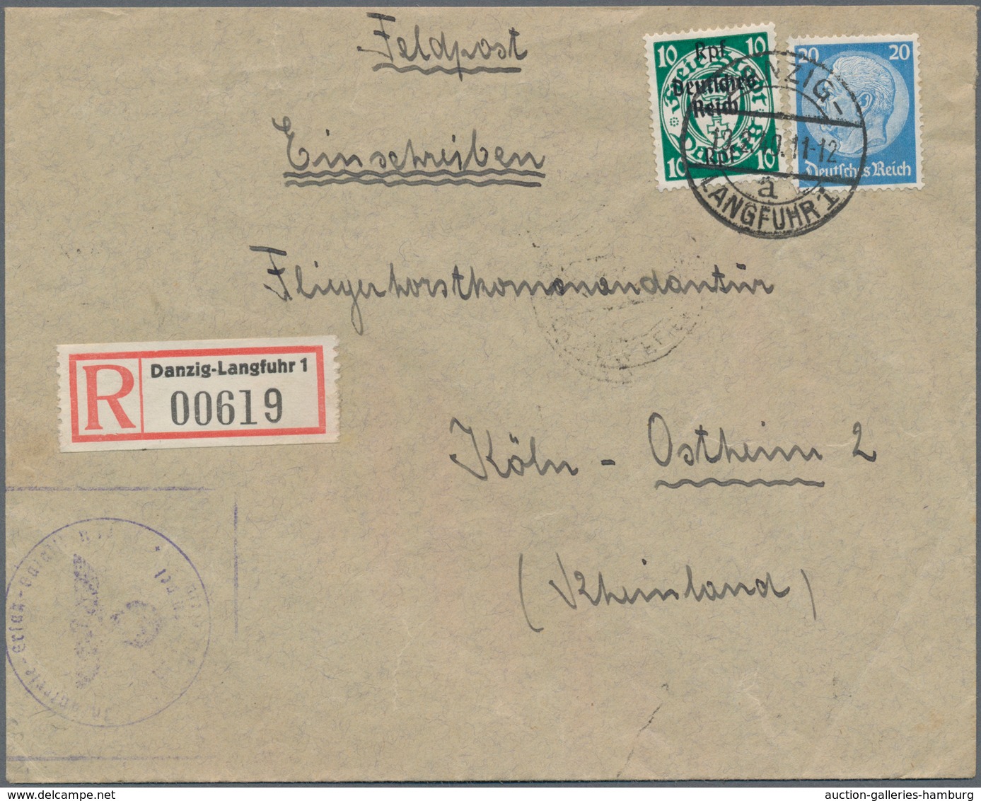 Danzig: 1940, Feldpost-R-Brief Von Danzig-Langfuhr 1 Nach Köln Mit 30 Pf Dt. Reich-Marken Für Die Ei - Other & Unclassified