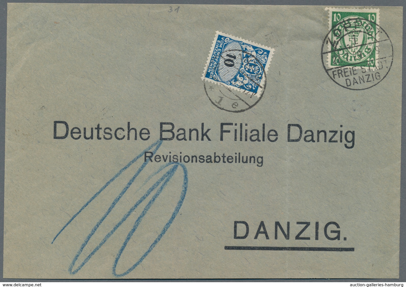 Danzig - Portomarken: 1925, 1939, 10 Pfg. Grosses Staatwappen Als Nachporto Auf Unterfrankiertm Brie - Sonstige & Ohne Zuordnung