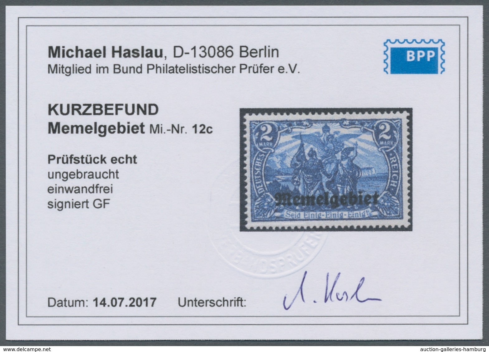 Memel: 1920, Aufdruckausgabe 2 Mark Schwärzlichblau Sauber Entfalzt, Kurzbefund Halsau BPP "echt Und - Memelland 1923