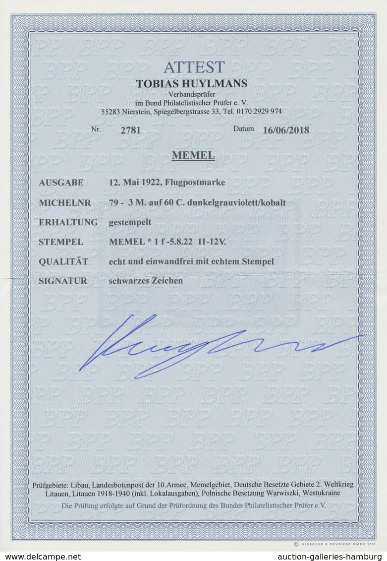 Memel: 1922, 3 M. Aufdruck „Flugpost”, Perfekt Zentriertes Und Gezähntes, Zentrisch Gestempelt Stück - Memelland 1923