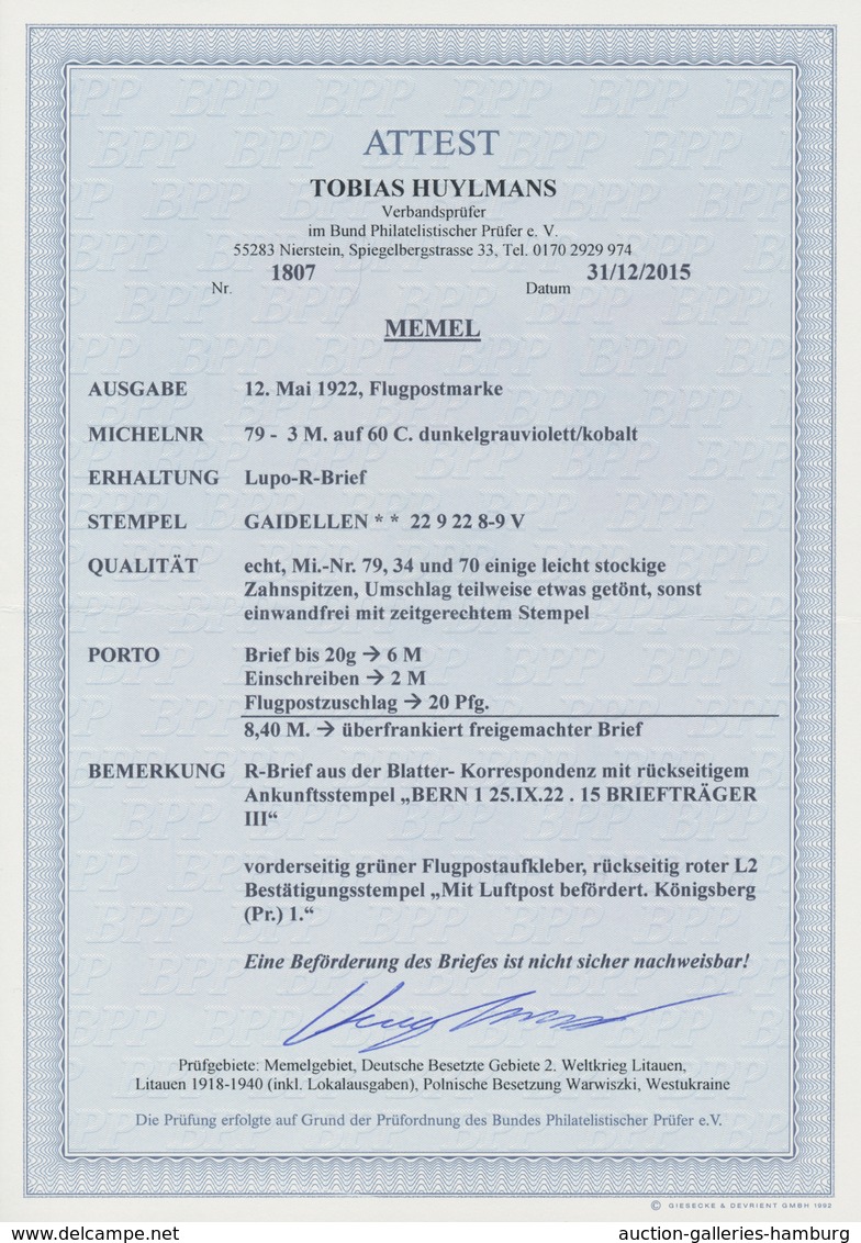 Memel: 1922, 3 M. Auf 60 C. Flugpost Und Andere Auf Lupo-R-Brief Ab "GAIDELLEN * * 22 9 22 8-9V", Ei - Memel (Klaipeda) 1923
