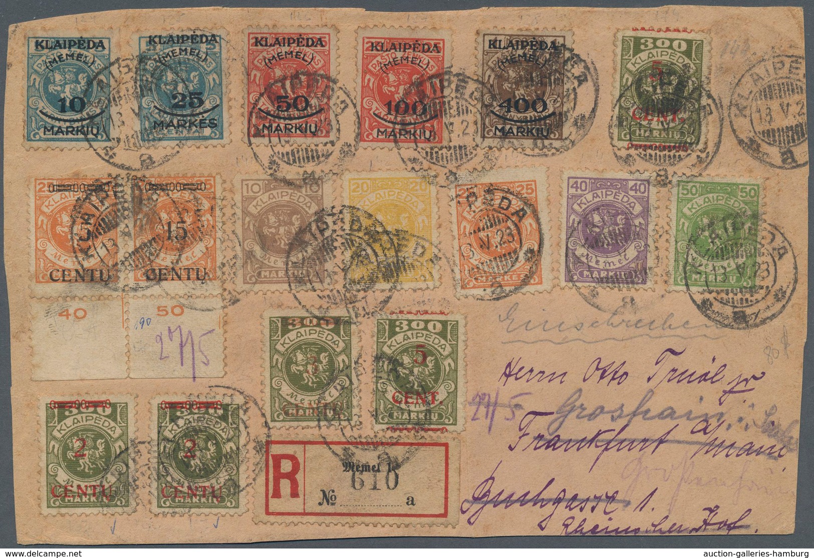 Memel: 1923 15 C. Auf 25 M. Lebhaftrötlichorange Mit Plattenfehler "Aufdruck "5" Statt 15" Zusammen - Memelgebiet 1923