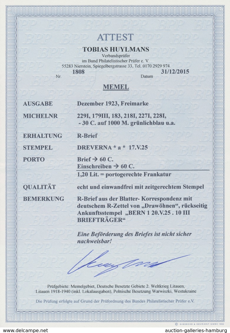 Memel: 1923, 30 C. Auf 1000 Mark Grünlichblau Und Andere Auf Ausgesucht Schönem Luxus-R-Brief, Porto - Memelland 1923
