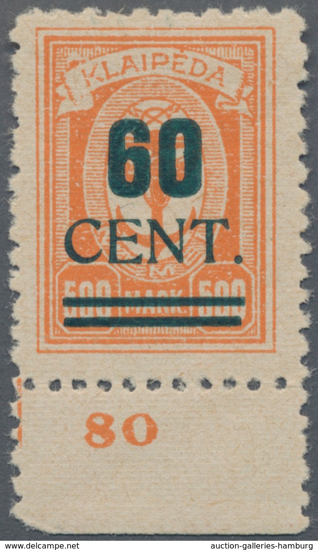 Memel: 1923, 60 C Auf 500 M Orange, Type I, Sog. "Grünaufdruck", Unterrandstück Von Feld 98, Herstel - Klaipeda 1923