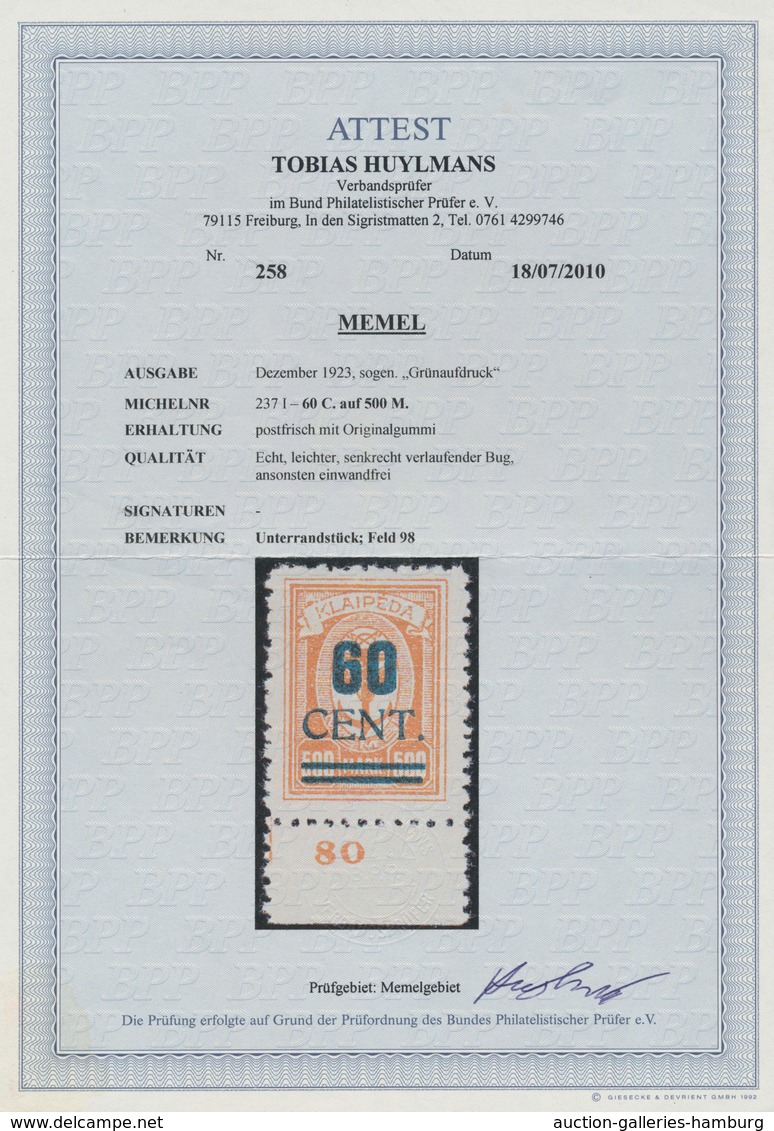 Memel: 1923, 60 C Auf 500 M Orange, Type I, Sog. "Grünaufdruck", Unterrandstück Von Feld 98, Herstel - Memelgebiet 1923
