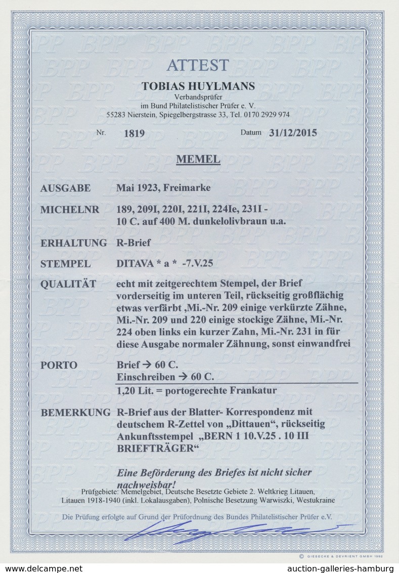 Memel: 1925. Portogerechter R-Brief In Die Schweiz, Ank.-Stpl. Bern, Leichter Tönungsstreifen, FA Hu - Memel (Klaipeda) 1923