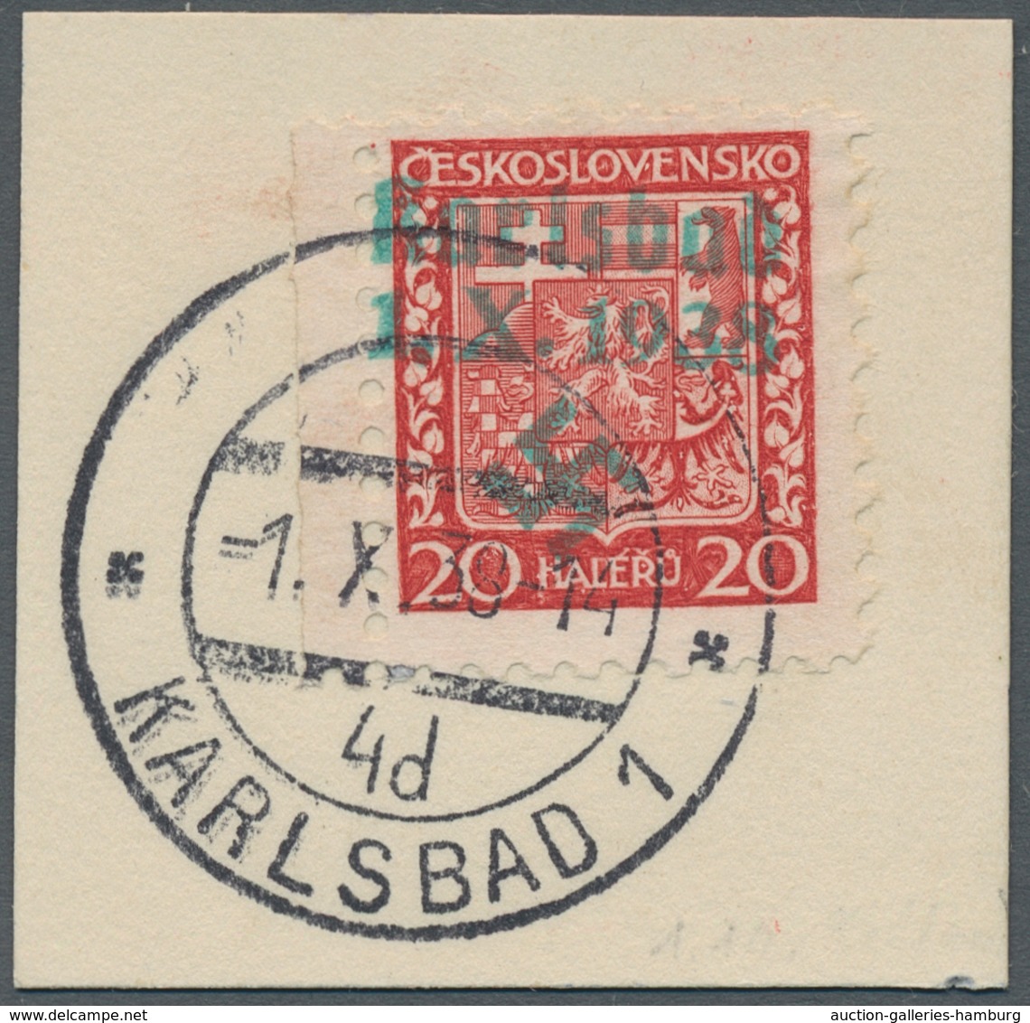 Sudetenland - Karlsbad: 1938, Wappenausgabe 20 Heller Mit Aufdruck Karlsbad 1.X.1938 Auf Luxus-Brief - Sudetes