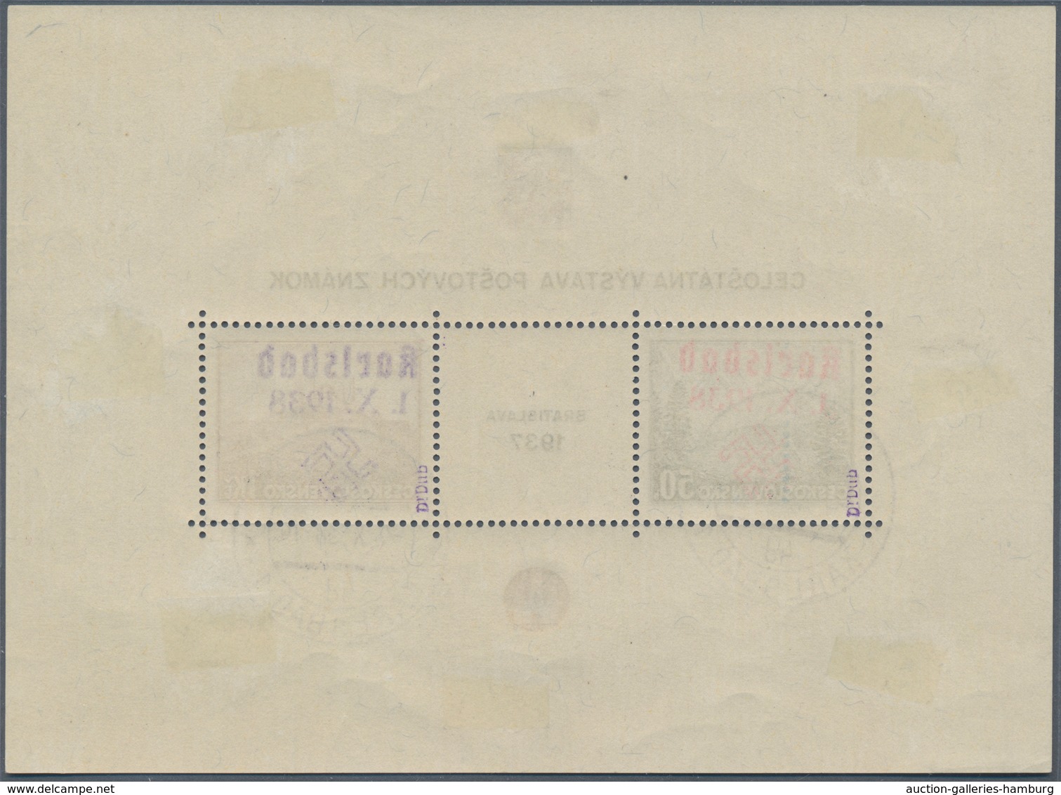 Sudetenland - Karlsbad: 1938, Blockausgabe Bratislava 1937 Mit Handstempelaufdruck "Karlsbad | 1.X.1 - Région Des Sudètes