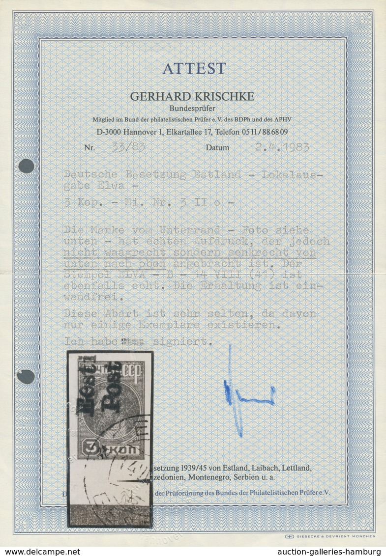 Dt. Besetzung II WK - Estland - Elwa: 1941, 3 Kop. Hellblau Mit Sehr Seltenem Senkrechten Statt Waag - Ocupación 1938 – 45