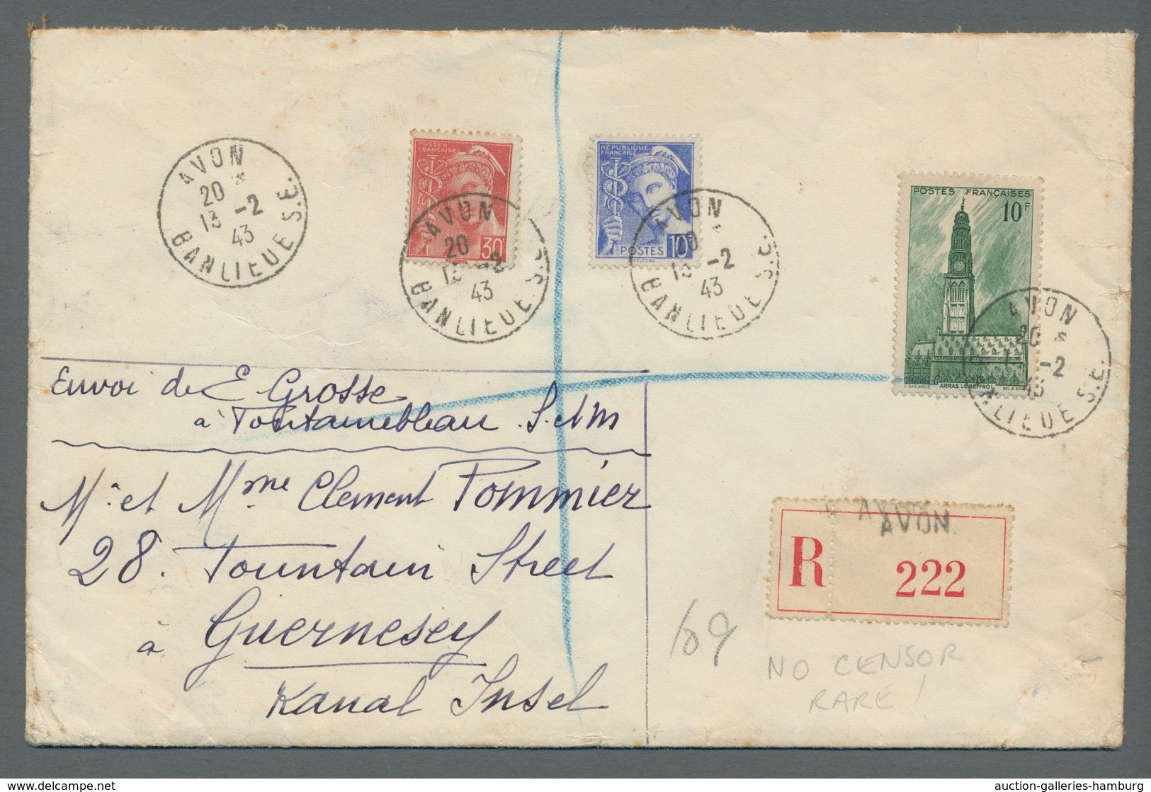 Dt. Besetzung II WK - Guernsey: 1943, Incoming Mail: Eingeschreibene Französische Drei-Farben-Franka - Occupation 1938-45