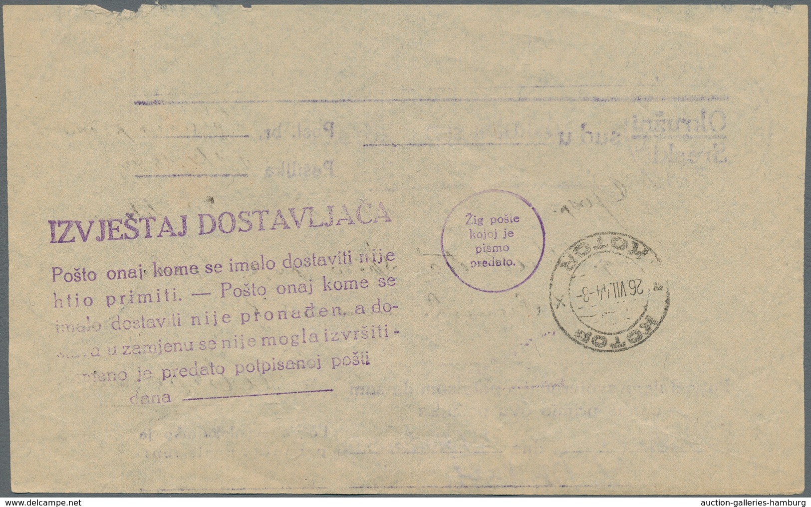 Dt. Besetzung II WK - Kotor: 1944 (26.7.), Rückschein, Am 26.8.44 Zurück Von Dubrovnic (Kroatien), A - Besetzungen 1938-45