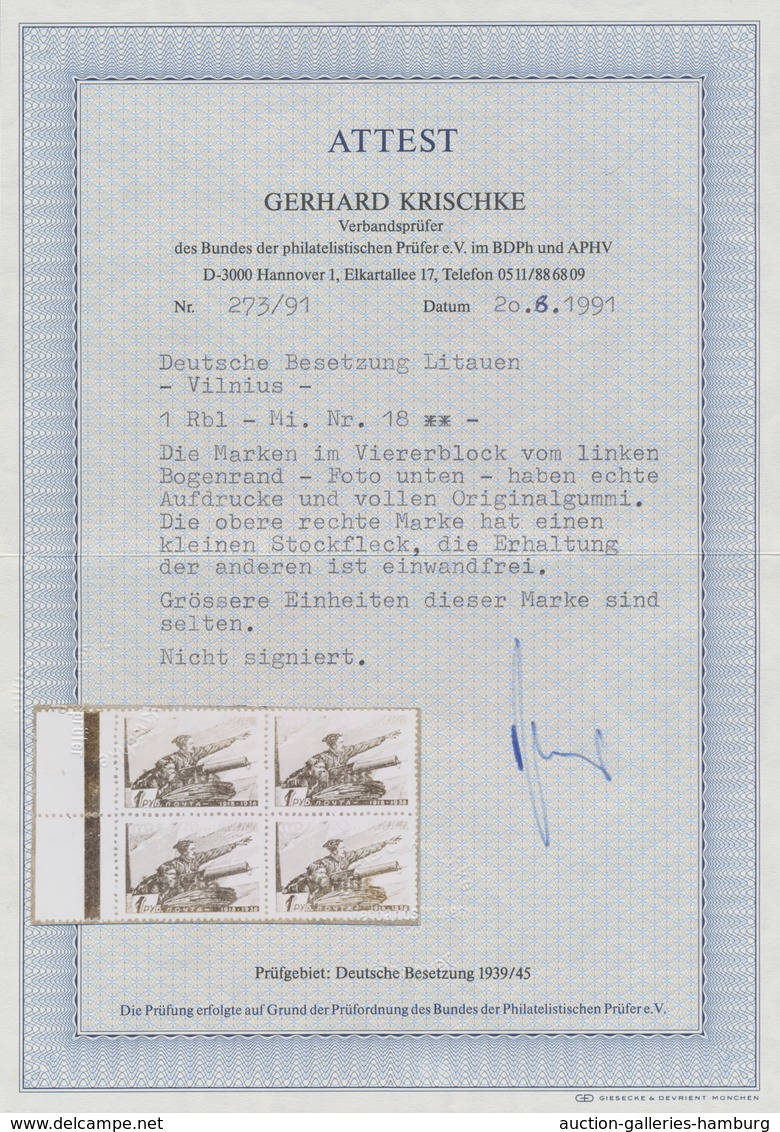 Dt. Besetzung II WK - Litauen: 1941. 1 R Rot/schwarz Mit Aufdruck "Vilnius" Als 4er-Block Vom Linken - Besetzungen 1938-45