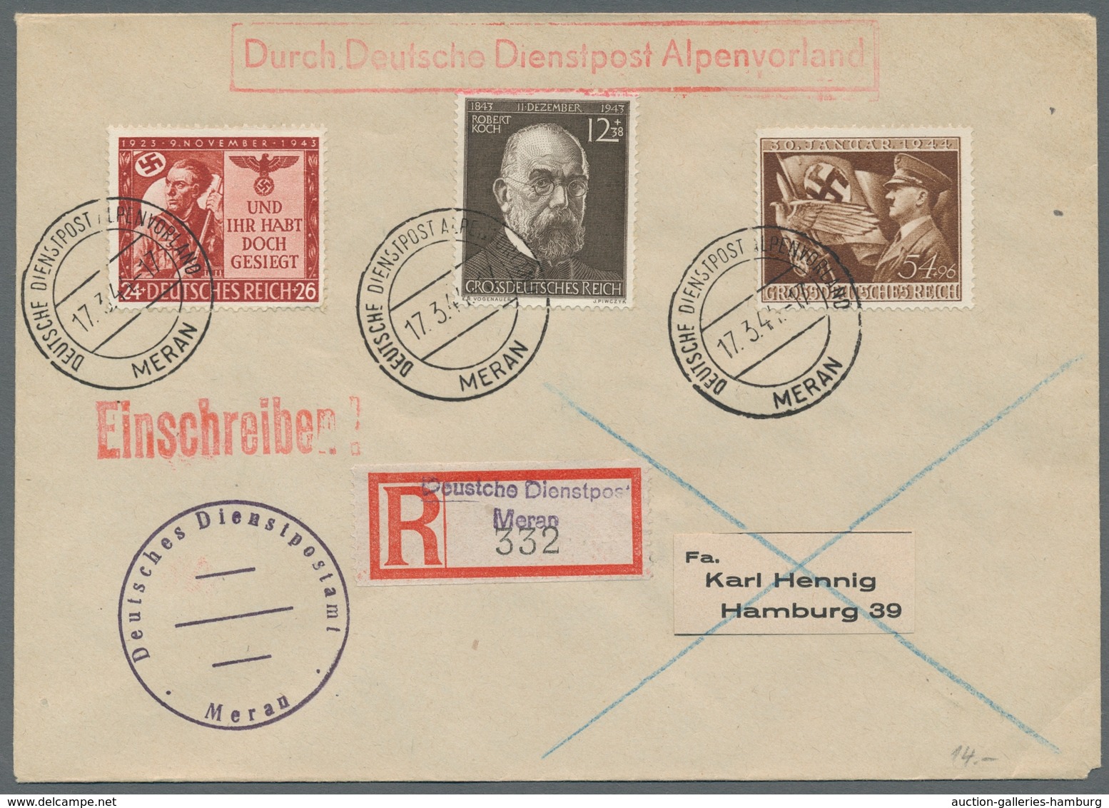 Feldpost 2. Weltkrieg: DEUTSCHE DIENSPOST 1944, vier frankierte Belege in sehr guter Erhaltung, je z