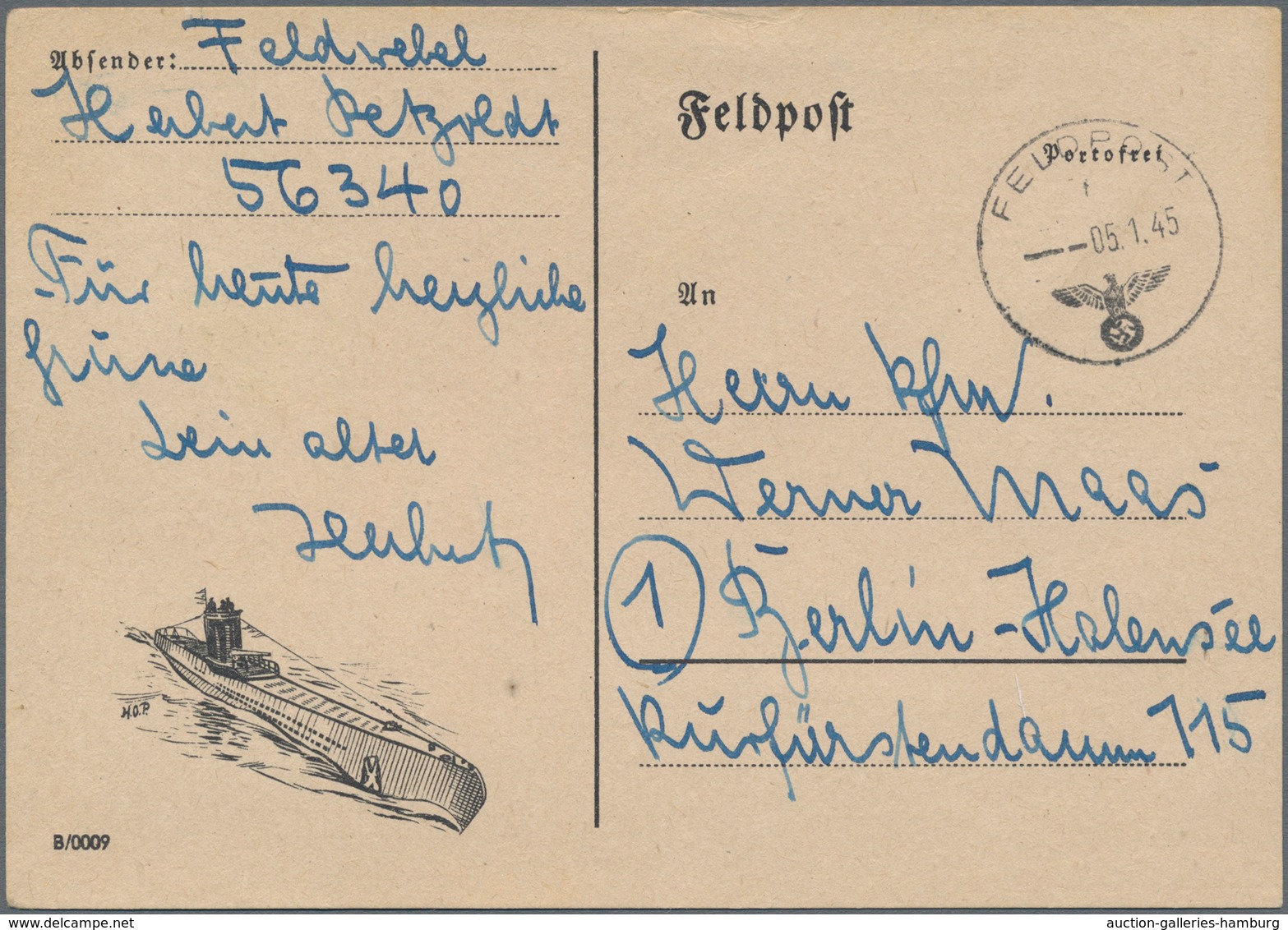 Feldpost 2. Weltkrieg: 1945, Feldpostkarte Mit Abbildung Eine U-Bootes Von FP-Nummer 56340 Rgts. Sta - Otros & Sin Clasificación