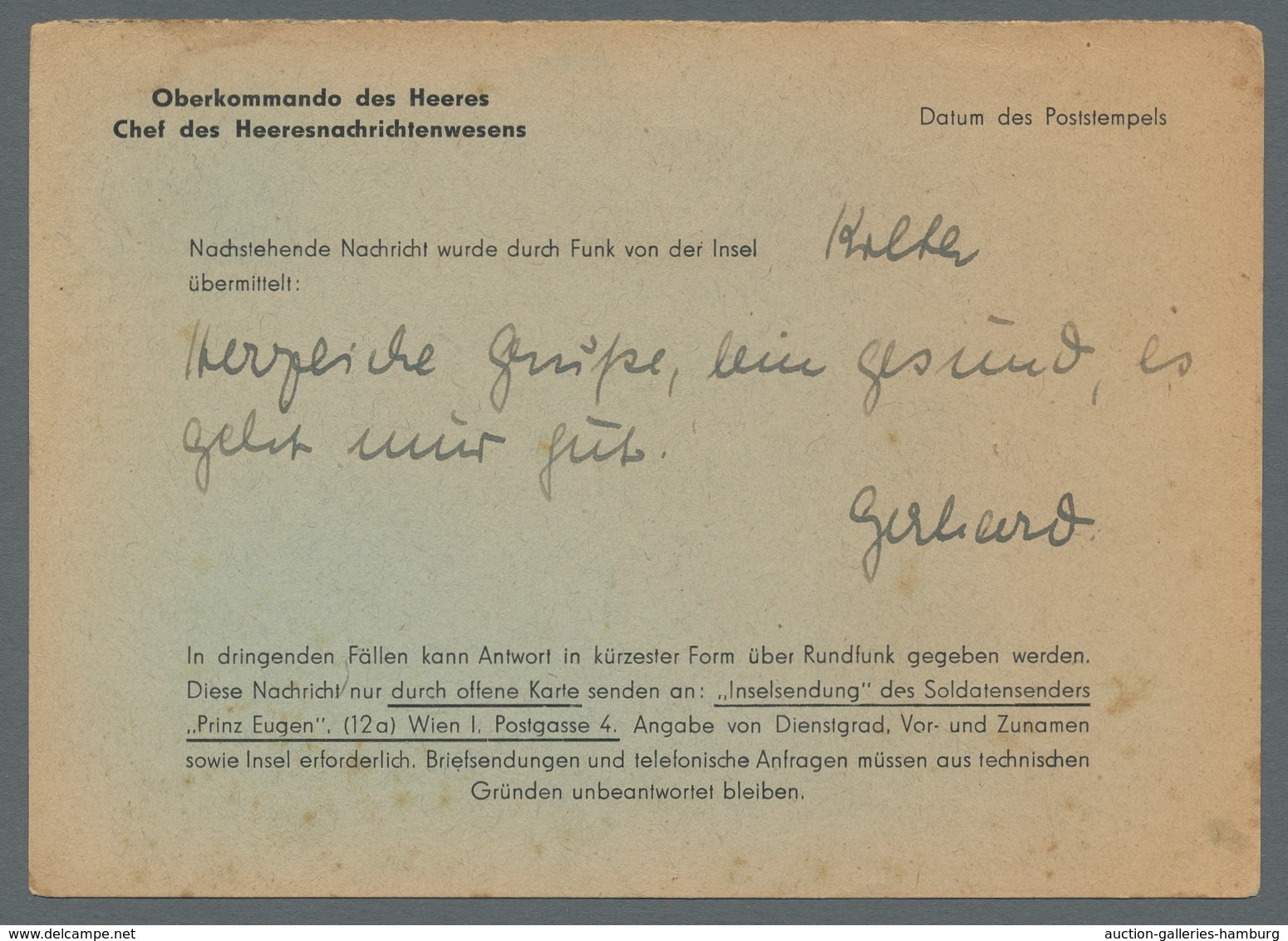 Feldpost 2. Weltkrieg: 1945, Funknachrichtenkarte Von Der Insel Kreta Mit Feldpostnormstempel Vom 26 - Otros & Sin Clasificación