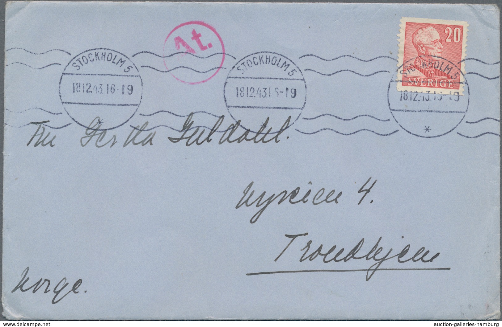 Zensurpost: 1943, Brief Aus Stockholm Nach Trondheim, Norwegen Mit Seltenem Durchlaufstempel "A.t:" - Otros & Sin Clasificación