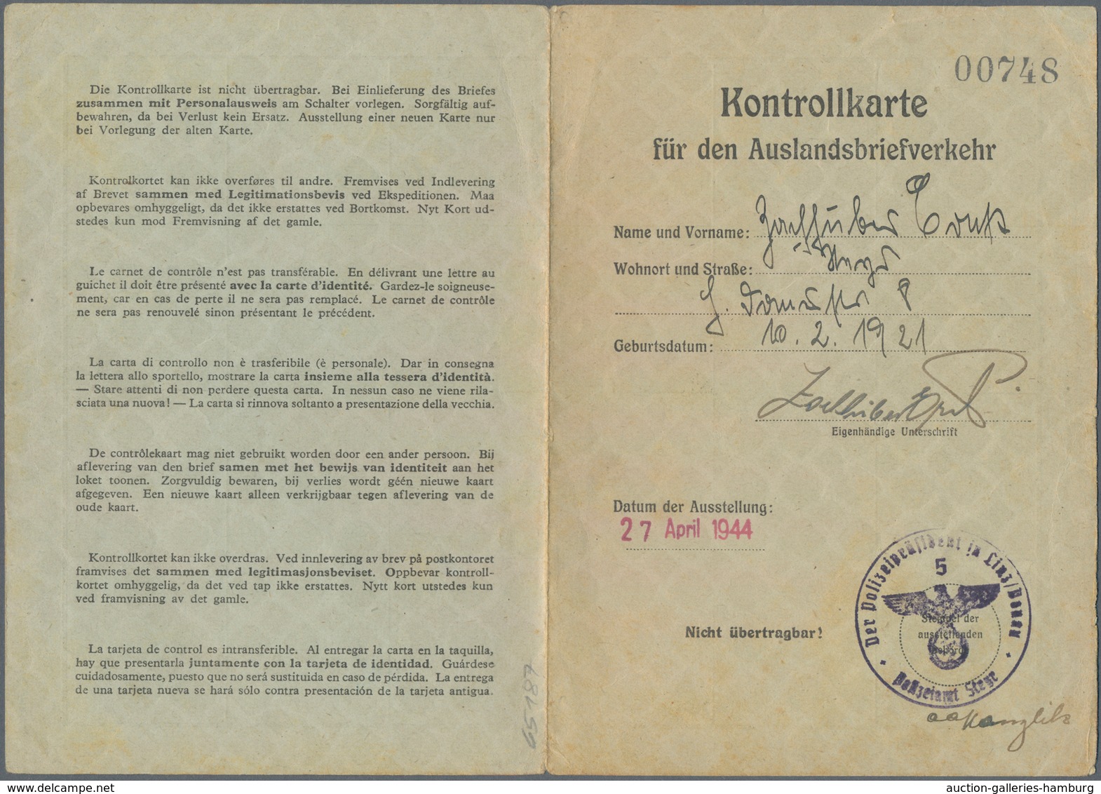 Zensurpost: 27.4.1944, "KONTROLLKARTE Für Den Auslandsbriefverkehr" Mit Ausgabe-Stempel "Steyr" Und - Autres & Non Classés