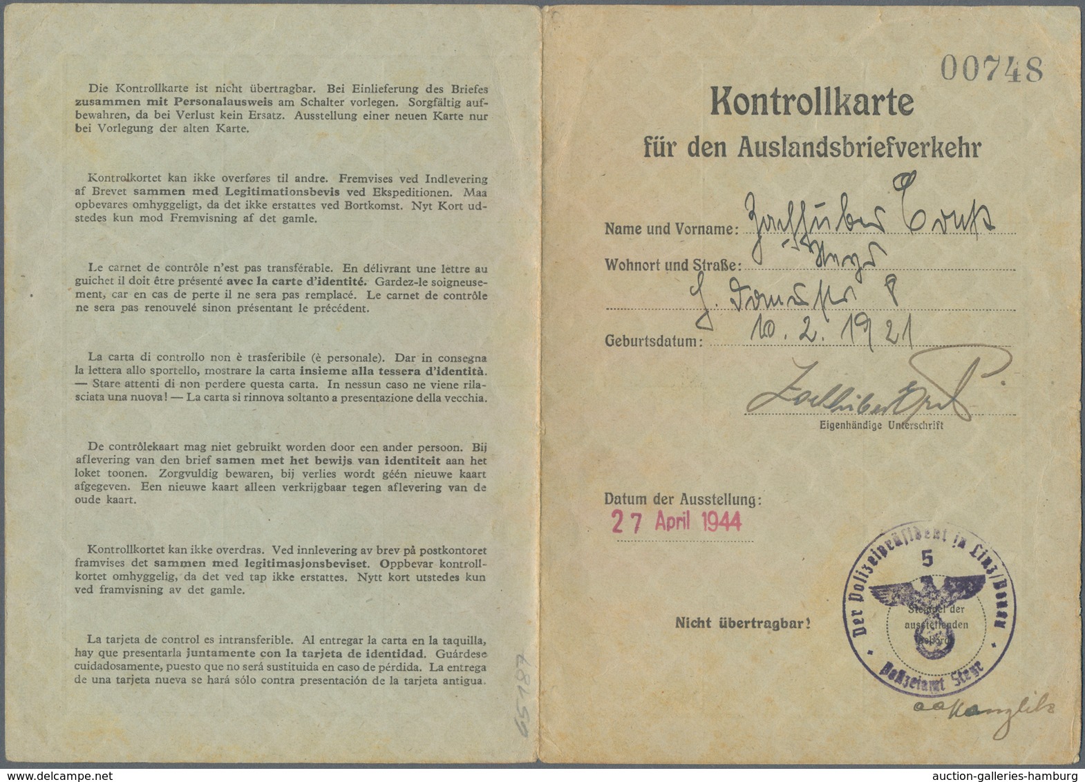 Zensurpost: 27.4.1944, "KONTROLLKARTE Für Den Auslandsbriefverkehr" Mit Ausgabe-Stempel "Steyr" Und - Andere & Zonder Classificatie