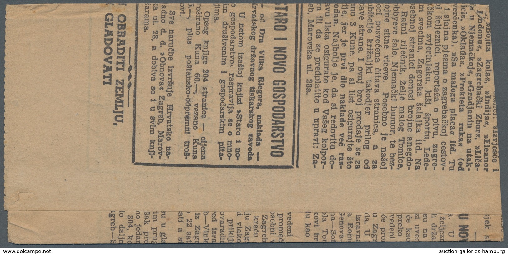 Zensurpost: Kroatien Vor 1945, Landschaften 0,50 Kuna Mit Unterrandstück Auf Streifband Von Zagreb N - Otros & Sin Clasificación