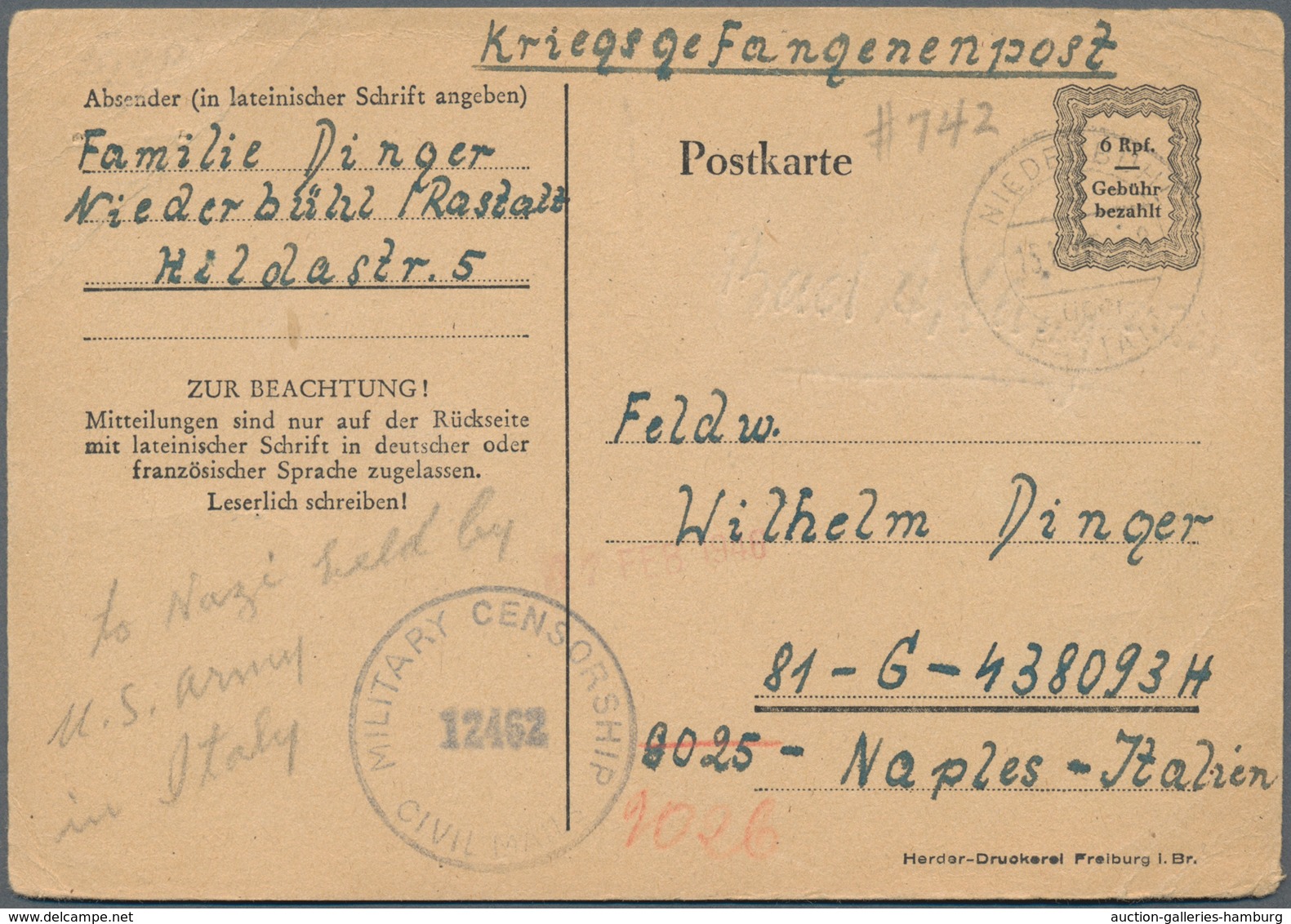 Kriegsgefangenen-Lagerpost: 1945, 6 Pfg. Behelfsganzsache Der Französischen Zone Aus Niederbühl/Rast - Sonstige & Ohne Zuordnung