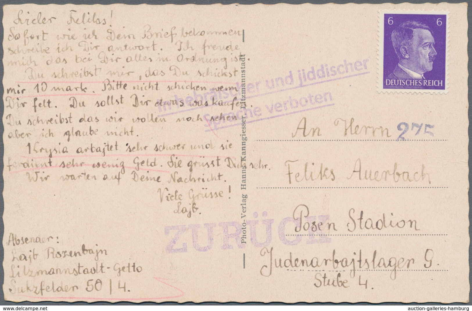 Ghetto-Post: 1943 Ca., LITZMANNSTADT, Postkarte Aus Dem Ghetto, Frankiert Mit Nicht Entwerteter 6 Pf - Otros & Sin Clasificación