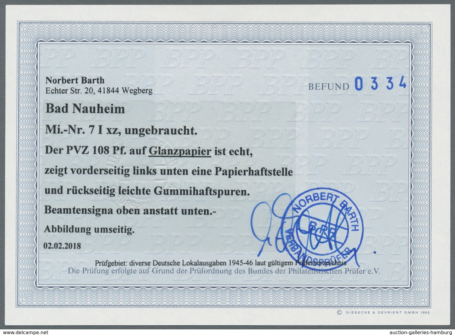 Deutsche Lokalausgaben Ab 1945: BAD NAUHEIM: 1946, Postverschlussmarke 108 Pfg. Auf Seltenem Glanzpa - Other & Unclassified
