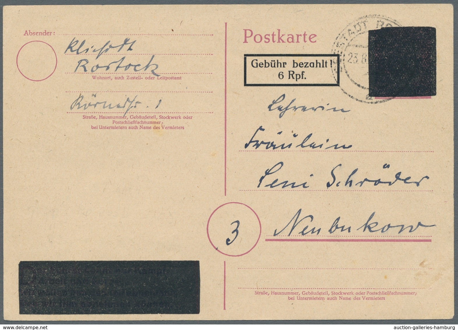 Alliierte Besetzung - Notausgaben: Sowjetische Zone: ROSTOCK 1945/Aufbrauchsaugeaben, "6 Rpf. Auf 6 - Autres & Non Classés