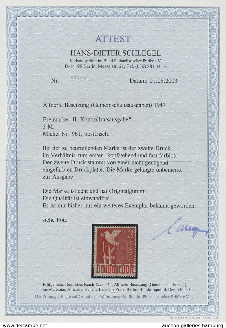 Alliierte Besetzung - Gemeinschaftsausgaben: 1947, Taube 3 Mark, SEHR SPEKTAKULÄRER DOPPELTDRUCK DAV - Sonstige & Ohne Zuordnung