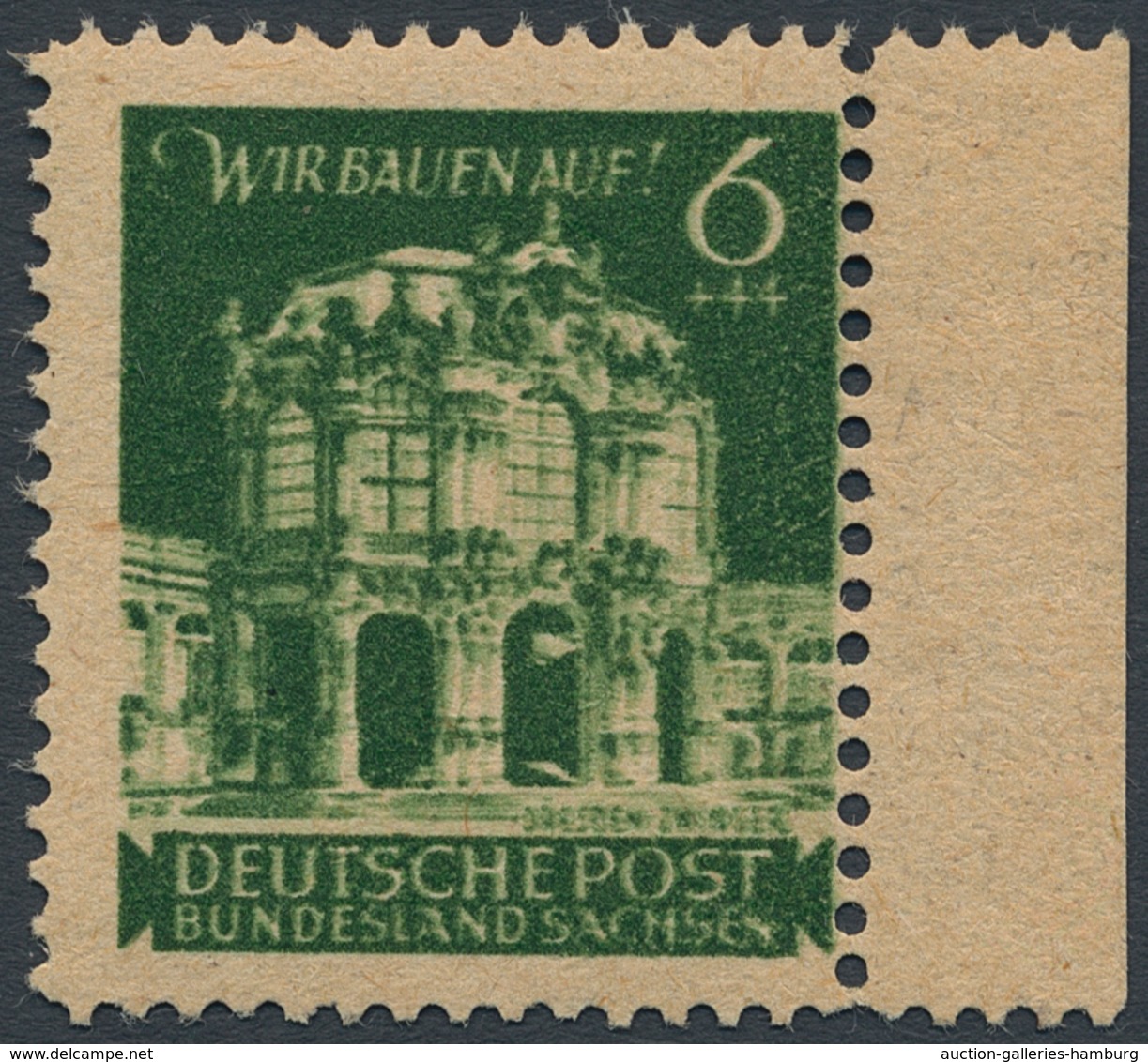 Sowjetische Zone - Ost-Sachsen: 1946, 6 Pfg Dresdner Zwinger Schwarzgelbgrün Auf Graustichigem Schre - Other & Unclassified