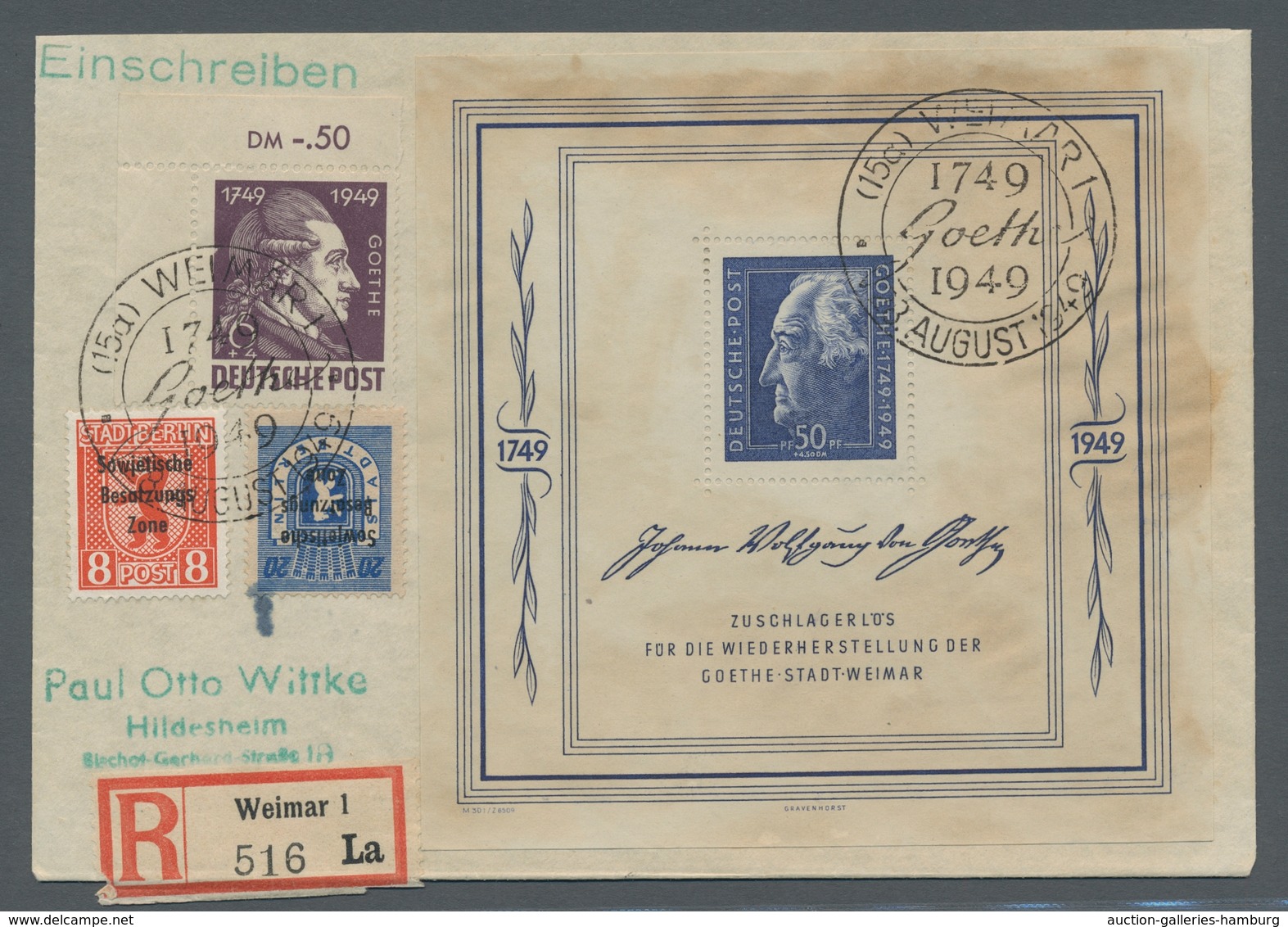 Sowjetische Zone - Allgemeine Ausgaben: 1949, "Goethe"-Block Mit Zusatzfrankatur Auf Portorichtigem - Sonstige & Ohne Zuordnung