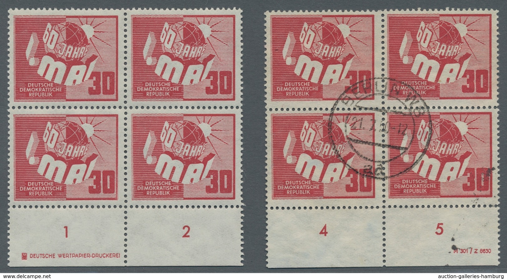 DDR: 1950, "1. Mai", Postfrischer Unterrandviererblock Mit DZ, Mit BERLIN W 8 Gestempelter Unterrand - Autres & Non Classés