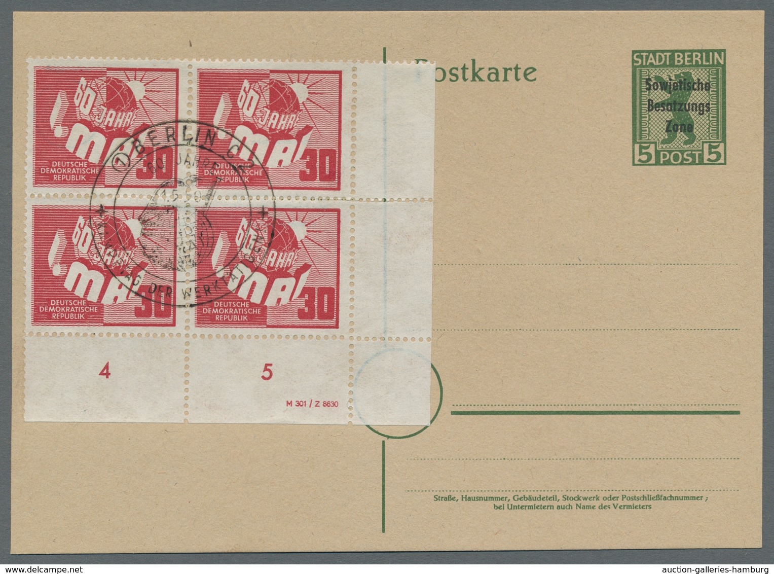 DDR: 1950, "1. Mai", Eckrandwert Mit DV Auf Orts-Ersttagskarte Mit Tagesstempel Sowie Eckrandviererb - Otros & Sin Clasificación