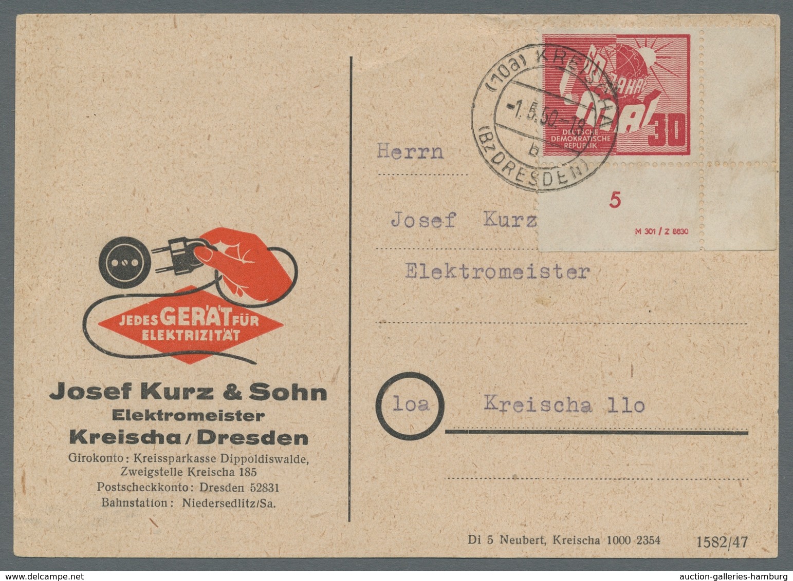 DDR: 1950, "1. Mai", Eckrandwert Mit DV Auf Orts-Ersttagskarte Mit Tagesstempel Sowie Eckrandviererb - Otros & Sin Clasificación