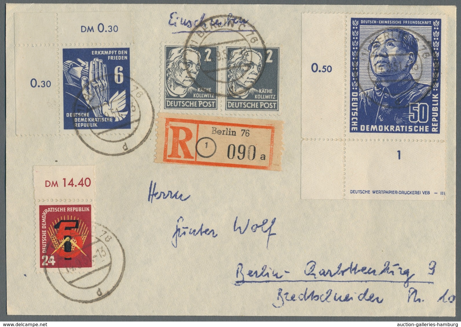DDR: 1951, "50 Pfg. Chinesenfreundschaft", Eckrandwert Mit Teil-DV Mit Zusatzfrankatur Auf R-Brief V - Sonstige & Ohne Zuordnung