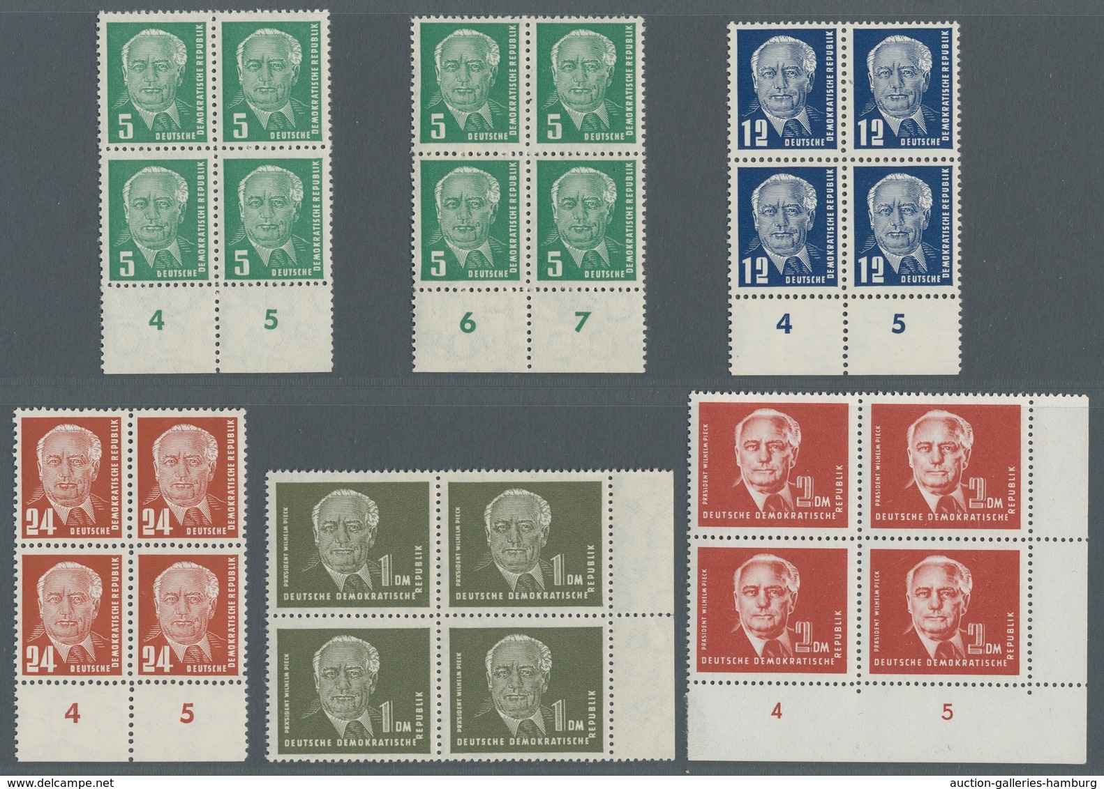 DDR: 1952, "Pieck II", Postfrischer Unterrandviererblocksatz In Tadelloser Erhaltung, Die 5 Pfg. Zus - Autres & Non Classés