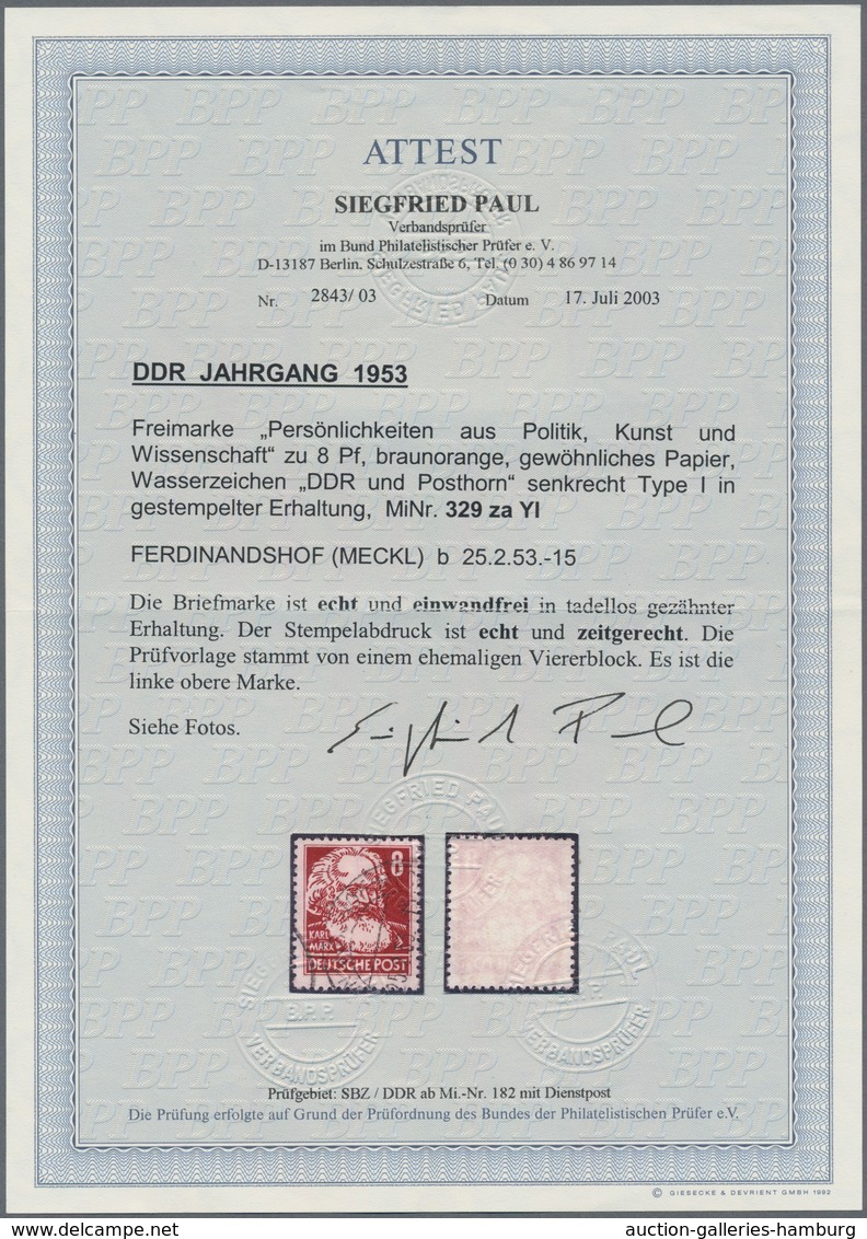 DDR: 1953. Freimarke 8 Pf Marx, Gewöhnliches Papier, Wz. In Type I, Gestempeltes Luxusstück Mit Stem - Sonstige & Ohne Zuordnung