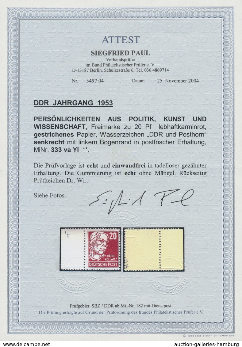 DDR: 1953, 20 Pfg. Köpfe II, Käthe Kollwitz Lebhatkarminrot Auf Gestrichenem Papier Mit Senkrechtem - Sonstige & Ohne Zuordnung