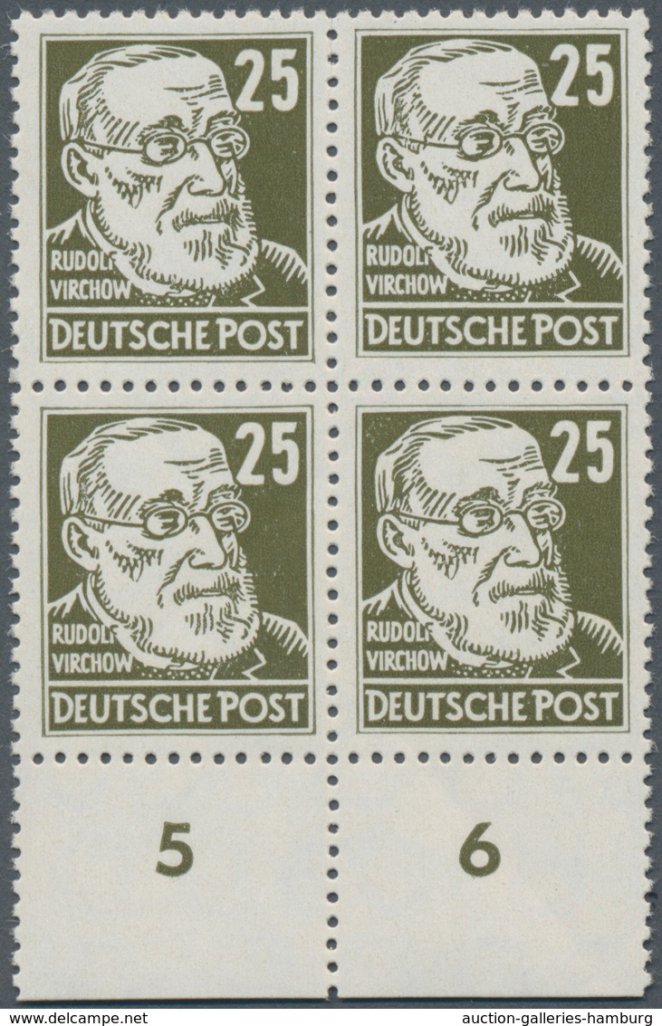 DDR: 1952 - 1953, 25 Pfg. "Köpfe" Im Postfrischen Viererblock Vom Unteren Bogenrand, Linke Obere Mar - Sonstige & Ohne Zuordnung