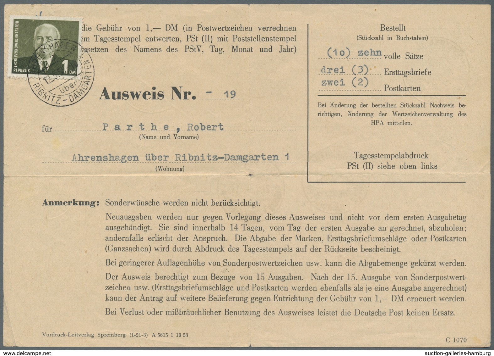 DDR: 1953, Wilhelm Pieck 1 Mark Auf Ausweis Für Den Bezug Von Briefmarken, Gestempelt AHRENSHAGEN üb - Otros & Sin Clasificación