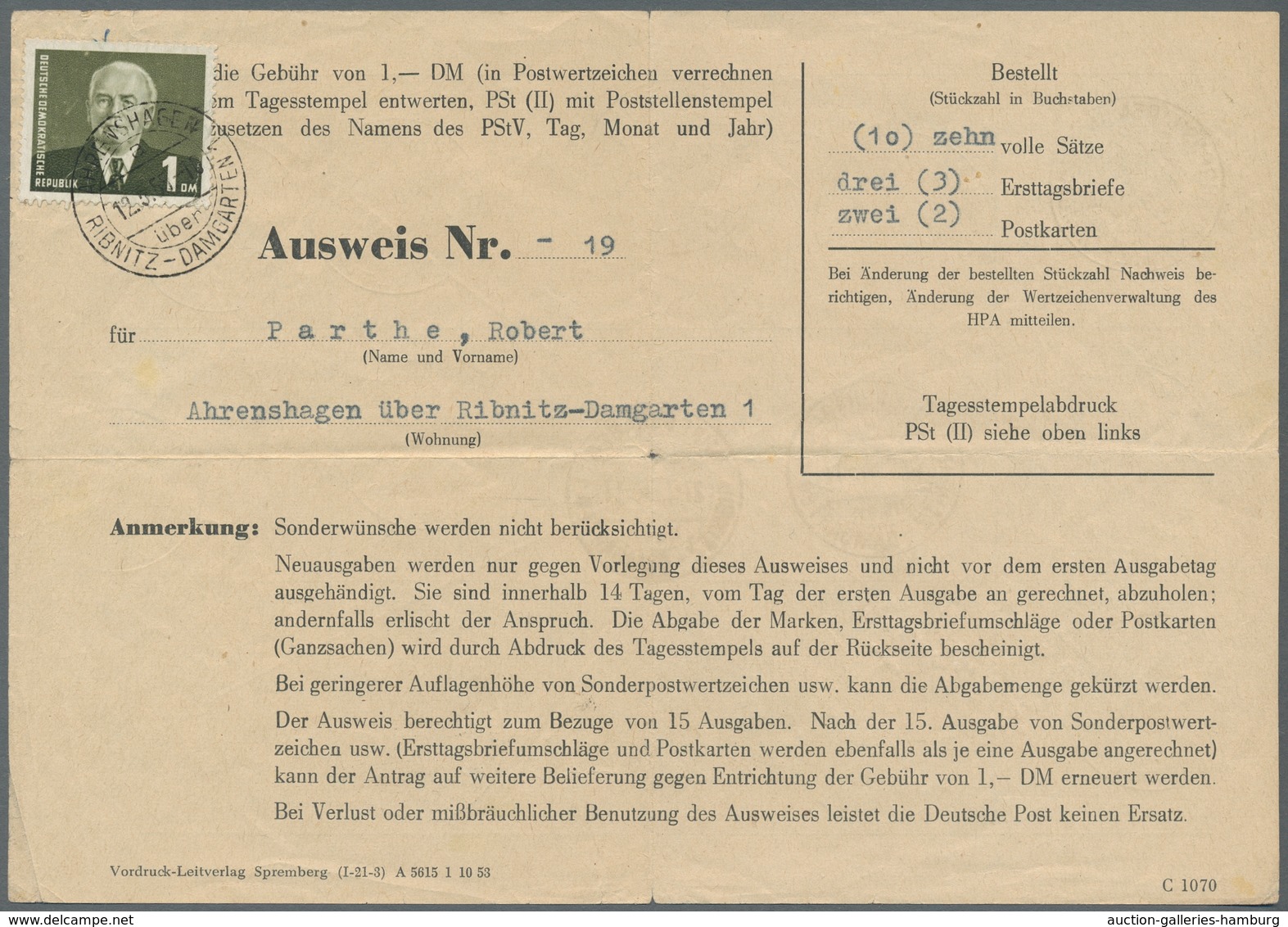 DDR: 1953, Wilhelm Pieck 1 Mark Auf Ausweis Für Den Bezug Von Briefmarken, Gestempelt AHRENSHAGEN üb - Other & Unclassified